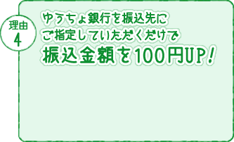 ゆうちょ銀行を振込先にご指定していただくだけで振込金額を１００円UP！